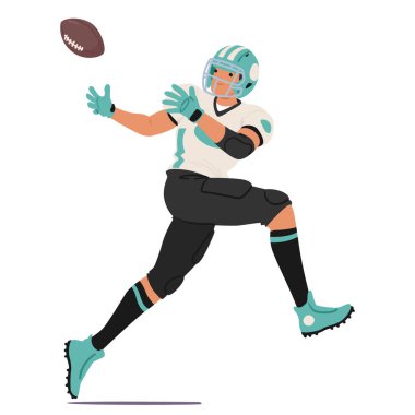 Rugby Oyuncusunun Karakter Pozisyonları Doğru, Gözler Topun Yörüngesinde, Uzaklık Ölçümleri, Duruşu Ayarlar ve Karşıtların Ortasında Becerikli Bir Yakalama Yapar. Çizgi film İnsanları Vektör İllüstrasyonu