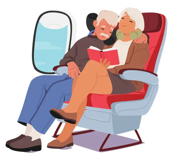 Senior Couple Characters Nestled Together Plane Finds Comfort Soft Neck — Stock Vector