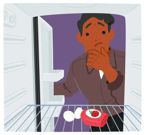 Düşünceli Bir Erkek Karakteri Buzdolabının Boşluğuyla Boğulmuş Umutlu Bir Bakışla — Stok Vektör