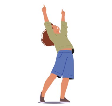 Mutlu Kız Gösteriyor. Çocuk karakteri, parmaklarını gökyüzüne doğru uzatır, gözleri merakla kaplanır, ötesindeki yalanlar merak uyandırır, masumiyet cennete uzanır. Çizgi film İnsanları Vektör İllüstrasyonu