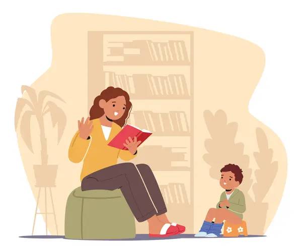 手で本で母のキャラクターを育てる 彼女の焦点を当てた子供に優しくリード パティに座って 居心地の良い 毎日のルートの中で教育的な瞬間 ベクター イラスト — ストックベクタ