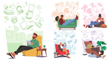 Karakterler web sitelerini tarar, fiyatları karşılaştırır ve online ürünleri satın alır. Farklı insanlar evlerinin rahatlığından sanal alışverişin zevkini çıkartıyorlar. Evet. Çizgi film Vektör İllüstrasyonu