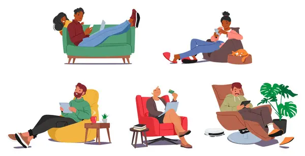 舒适地坐在扶手椅上的男女角色 沉浸在他们的桌子里 在网上浏览和购物 带着休闲和满足的表情 卡通人物矢量图解 — 图库矢量图片