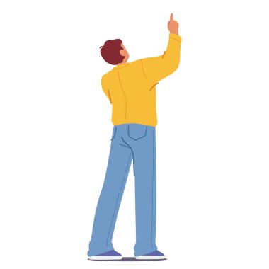 Meraklı adam başını eğiyor, gözleri gökyüzüne doğru yükseliyor, bakıyor ve bir mucizeyle işaret ediyor. Erkek Karakteri Yukarı Bakar, ve İşaret Parmağı ile Gösterilir, Arka Görünüm. Çizgi film Vektör İllüstrasyonu