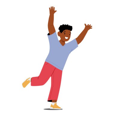 Genç siyahi çocuk hızla koşuyor, ayakları kararlılıkla yere vuruyor, beyaz arka planda tek başına ilerlerken neşeli sırıtıyor. Çizgi film İnsanları Vektör İllüstrasyonu