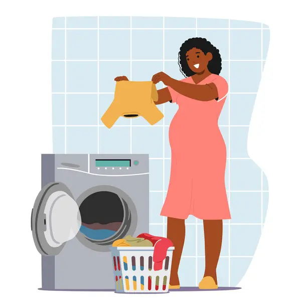 Schwangere Frau Charakter Lädt Kleidung Waschmaschine Verwaltet Ihre Wäsche Chores — Stockvektor