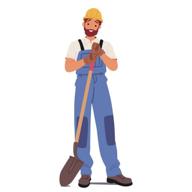 Karakter İnşaat İşçisi elinde kürekle ayakta duruyor, görev için hazır, güç ve kararlılığı somutlaştırıyor. Man Builder, Foreman veya Contractor with Tool. Çizgi film İnsanları Vektör İllüstrasyonu
