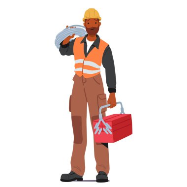 Üniformalı İnşaat İşçisi Erkek Karakteri Uzun Boyludur, Alet Kutusu 'nu ve Kabloları Omuzunda Tutar, Çalışkanlık ve Beceriyle Görevleri Üstesinden Gelmeye Hazır. Çizgi film İnsanları Vektör İllüstrasyonu