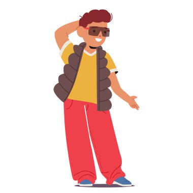 Genç çocuk kendine güveni tam, modaya uygun pozlar veriyor, her hareketinde tarzını ve cazibesini sergiliyor. Kırmızı Pantolon, Yelek ve Güneş Gözlüklü Çocuk Karakteri. Çizgi film Vektör İllüstrasyonu