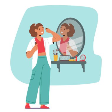 Genç Kız Karakteri, maskarayı nazikçe ev aynasının önüne koyar, dizginlerini hassas vuruşlarla güçlendirir, görünüşünü mükemmelleştirir. Genç Kadın Makyaj Yapmayı Öğreniyor. Çizgi film Vektör İllüstrasyonu