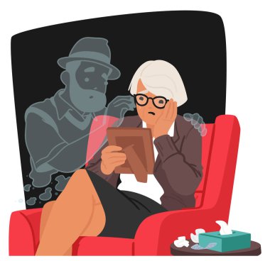 Old Woman Cradles A Faded Photograph, Tears Tracing The Lines Of Her Face As She Mourns Her Departed Husband Absence. Grieving Senior Female Character. Cartoon People Vector Illustration clipart