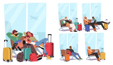 Havaalanındaki banklarda oturan insanlar anonsların ve yanıp sönen ışıkların arasında teselli arıyorlar. Bekleme Alanındaki Bekleme Salonları 'ndaki Karakterler. Çizgi film Vektör İllüstrasyonu