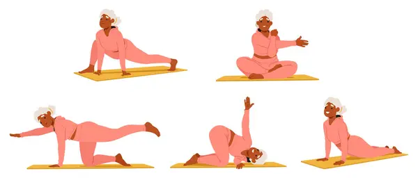Elderly Woman Mat Various Yoga Poses Old Female Character Practice — Stock Vector