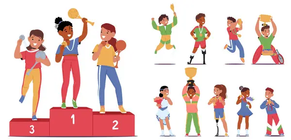 Group Happy Children Winners Healthy Handicapped Kids Podium Trophies Medals — Stock Vector