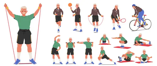 Elderly Man Jersey Doing Various Exercises Fit Aged Male Character — Stock Vector