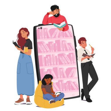 Tiny Reader Karakterleri, kütüphane hizmetlerini her zaman, her yerde, her yerde kullanırlar. Kitaplık rafları ile birlikte büyük bir dijital kitap dizisine erişmek için. Vektör İllüstrasyonu