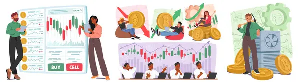 Characters Trade Cryptocurrency Buying Selling Digital Assets Various Platforms Aiming — Stock Vector