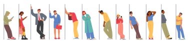Duvarlara yaslanan insanlar, her birinin kendine has bir duruşu var. Rahatlamış, düşünceli, ya da yorgun erkek ve kadın karakterler. Poşetlerle ya da Gadget 'larla Bekleyen Kadın ve Erkekler Grubu. Çizgi film Vektör İllüstrasyonu