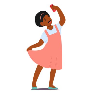 Parlak gülüşlü bir kız, elinde telefonuyla mutlu bir anı fotoğraflıyor, masumiyet ve mutluluk saçıyor. Siyahi Çocuk Karakteri kendi fotoğrafını çekiyor. Çizgi film İnsanları Vektör İllüstrasyonu