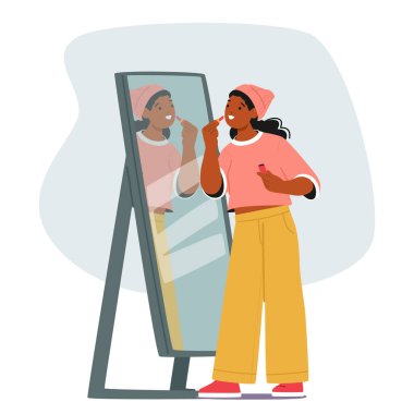 Siyahi genç kız karakteri aynanın önünde duruyor, dikkatlice rujunu sürüyor, yumuşak ışıkla aydınlatılmış yansıması, dudaklarını mükemmelleştirmeye odaklanıyor. Çizgi film İnsanları Vektör İllüstrasyonu