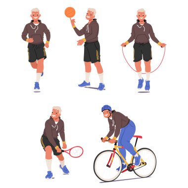 Zıplayan İp, Basketbol, Tenis, Koşu ve Bisiklet Binmek gibi çeşitli aktiviteler yapan yaşlı adam. Forma, şort ve spor ayakkabılarıyla donatılmış yaşlı erkek karakter.