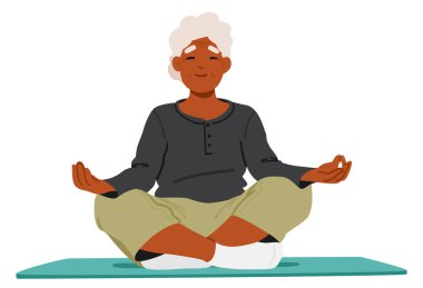Yaşlı kadın, Yoga minderi üzerinde nilüfer pozisyonunda, başı dik ve kolları zarif bir şekilde dizlerinin üzerinde oturuyor. Eski Karakter Meditasyon. Çizgi film İnsanları Vektör İllüstrasyonu