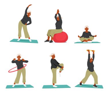 Yaşlı kadın denge ve eklem esnekliğini geliştirmek için yoga minderi üzerinde çeşitli egzersizler yapıyor, yaşlı kadın karakter spor salonunda ayakta ve oturarak poz veriyor. Çizgi film İnsanları Vektör İllüstrasyonu