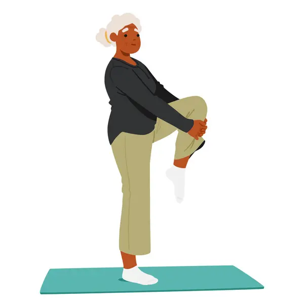 Elderly Woman Demonstrating Her Balance Flexibility Standing One Leg Yoga — Stock Vector
