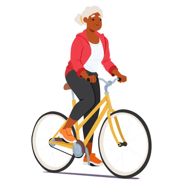 Senior Black Woman Riding Bicycle Active Elderly Female Character Silver — Stock Vector