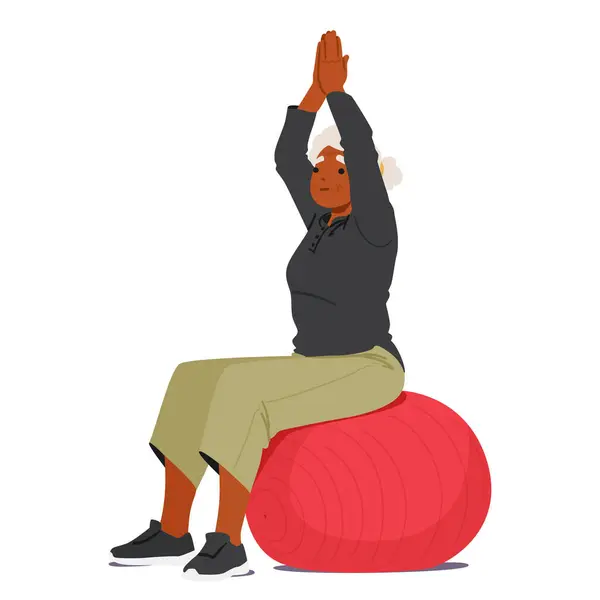Oude Vrouw Zit Vrolijk Red Exercise Ball Toont Flexibiliteit Evenwicht Rechtenvrije Stockillustraties