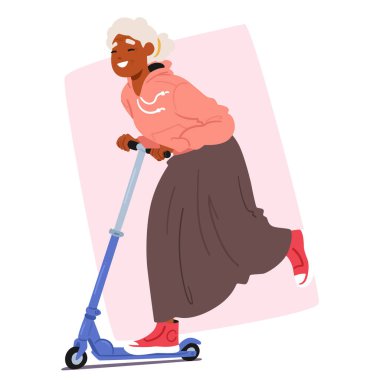 Son sınıf öğrencisi kadın Scooter 'da sevinçle süzülüyor, gülüşü ve spor kıyafetleri bize eğlencenin ve eğlencenin yaşlanmadığını hatırlatıyor. Keyifle Altını çizerek Karakter Her Zaman Genç Olun Teması