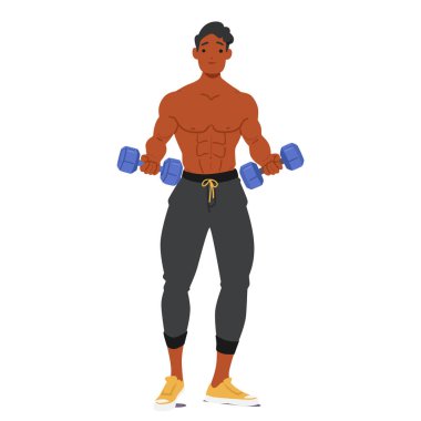 Kas Geliştiren Erkek Karakteri Dambılları Tutuyor, Vücut Geliştirme ve Halter Geliştirme rutinleriyle Vücut Geliştirme Vücut Geliştirme Vücut Geliştirme Derslerine Katkı Yapıyorlar. Çizgi film İnsanları Vektör İllüstrasyonu