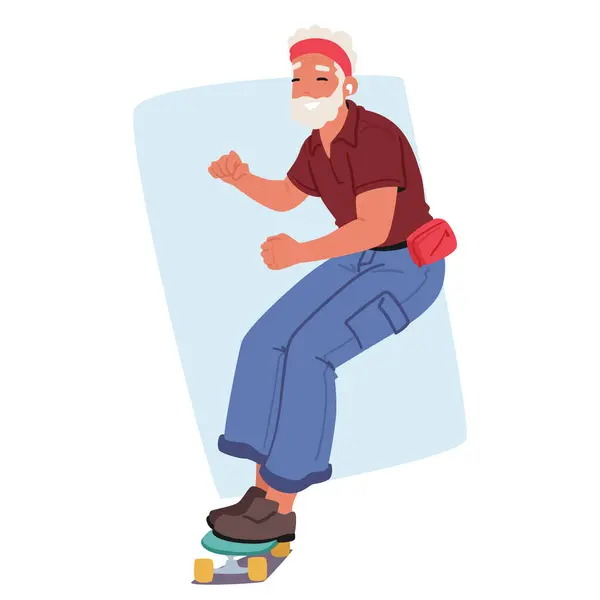 Elderly Man Red Headband Fanny Pack Strikes Playful Pose Skateboard — Stock Vector