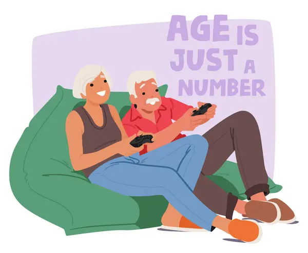 Elderly Couple Male Female Characters Enjoying Video Game Kids Smiling — Stock Vector