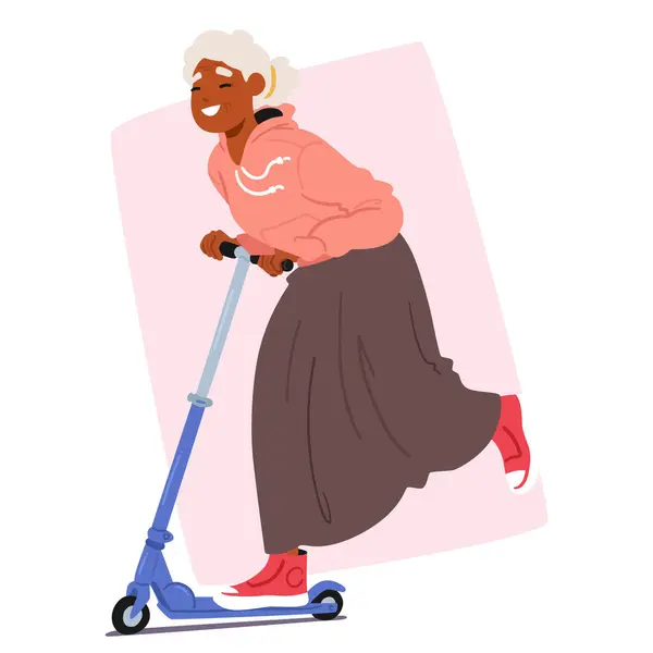 Senior Woman Glides Joy Scooter Her Smile Sporty Attire Reminding — Stock Vector