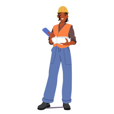 Kadın Mimar ya da İnşaat İşçisi Karakteri Elinde Taslak Yuvarlak, Yetenek ve Kararlılıkla Mimari Görüşleri Hayata Getirmeye Hazır. Çizgi film İnsanları Vektör İllüstrasyonu