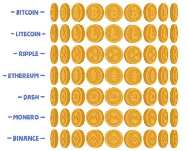 Şifreli Para Karikatür Vektör Kümesi. Bitcoin, Litecoin, Ripple ve Etherium. Dash, Monero Dijital veya Binance Sanal Para Birimleri Dönen veya Dönen Dönen veya Canlandıran Sprite Sayfası veya Sıralı Çerçeve