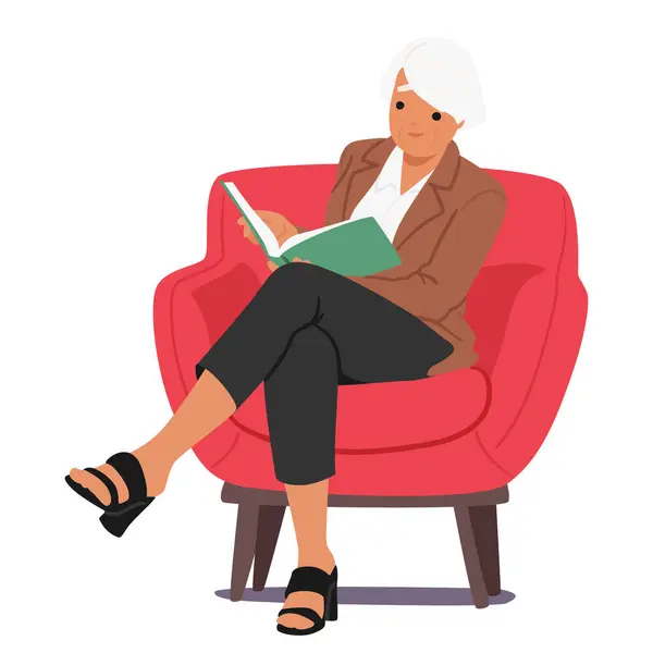 Senior Female Character Reading Sitting Cozy Armchair Isolated White Background — Stock Vector