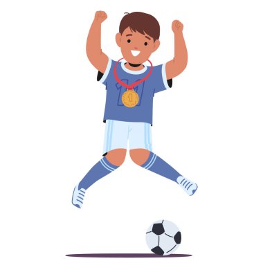 Genç Futbolcu Çocuk Altın Madalya ile Neşeli Zıpladı. Futbolcu çocuk karakteri sahadaki zaferini ayaklarının dibinde bir futbol topuyla kutluyor. Çizgi film Vektör İllüstrasyonu
