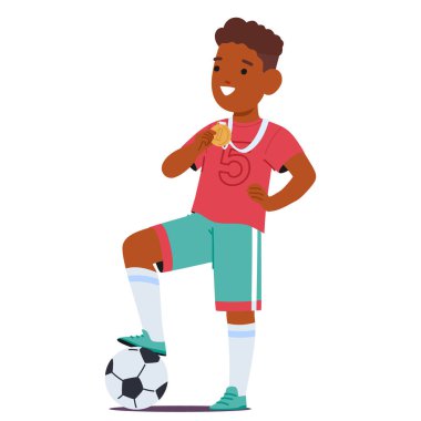 Kendine güvenen genç futbolcu, bir ayağı topta, siyah çocuk karakteri gururla altın madalya, yeteneğin sembolü ve futbol sahasında zafer sergiliyor. Çizgi film İnsanları Vektör İllüstrasyonu