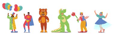 Sihirbaz, Süper Kahraman, Ayı, Timsah, Palyaço ve Balerin 'in Neşeli Animasyon Karakterleri Festivalde Eğlenmeye ve Zevk Almaya Hazır. Çizgi film İnsanları Vektör İllüstrasyonu