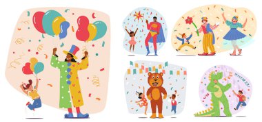 Süper kahramanlar, hayvanlar ve palyaçolar gibi giyinmiş, balonlar ve konfeti ile çevrili eğlenceli aktivitelerle meşgul olan neşeli çocuk karakterleri. Çizgi film Vektör İllüstrasyonu