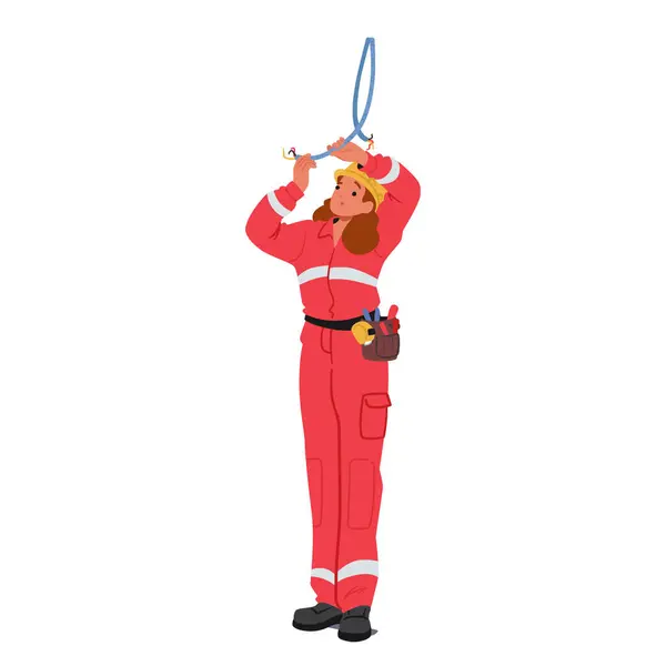 Vrouwelijke Elektricien Werknemer Dragen Rode Jumpsuit Helm Gereedschap Gordel Werken Vectorbeelden