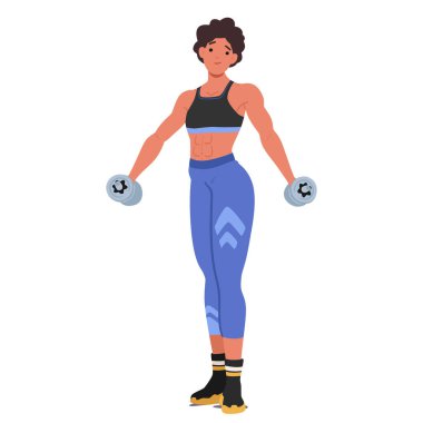 Atletik Giyinen Kadın Vücut Geliştirici Dambıl Tutuyor. Güçlü fiziği ve kendine güveni, spor konusundaki sağlık, zindelik ve yetkinlik konularını vurguluyor. Vektör İllüstrasyonu