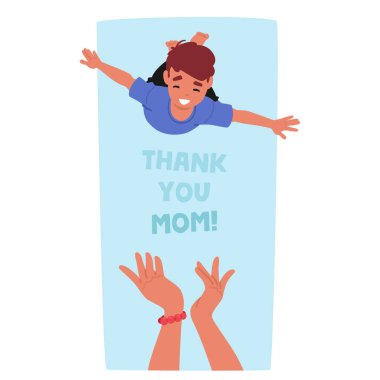 Neşeli Genç Çocuk Karakteri havaya sıçrıyor, kollarını açmış, annelerinin sevgi dolu bir vektör ilüzyonuyla annelerine duyduğu minnettarlığı dile getiriyor, Anneler Günü Kutlamalarının Ruhunu Yakalıyor.