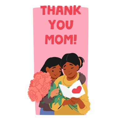 Çocuk Karakteri Annesini Sevgiyle Kucaklıyor, Elinde Çiçek Buketi Tutarken Anne Kalp Şeklinde Kart Okurken. Anneler Günü 'nde Karikatür Vektörü İllüstrasyonu Takdir ve Sevgi Paylaşımı