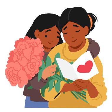 Anne ve kızı arasındaki sevgi dolu an bir buket pembe çiçekle kırmızı kalpli, sevgi, takdir ve anneler günü özel bir olayı sembolize eden samimi bir kartı sunar.