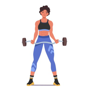 Güçlü, atletik kadın kendinden emin bir şekilde halterli bibik kıvrım yapıyor. Kadın Karakter Spor Salonunda Formunu Korumaya Odaklanmış ve Kararlı. Çizgi film İnsanları Vektör İllüstrasyonu