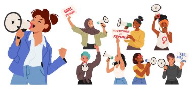 Feminizm ve eşitliği savunmak için megafon kullanan çeşitli kadınlar. Her Karakter Eşsiz Tarz Gösterir, Geniş Eksiklik ve Yetkilendirme Eylemlerinde Temsil Eder. Çizgi film Vektör İllüstrasyonu