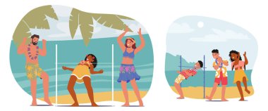 Plajdaki Limbo Dans Partisi 'nde arkadaşlar. Çok kültürlü erkekler ve kadınlar yaz boyunca Sandy sahilleri ve okyanus zeminiyle çevrili bir limbo çubuğunun altında gülüp dans ediyorlar. Çizgi film İnsanları Vektör İllüstrasyonu